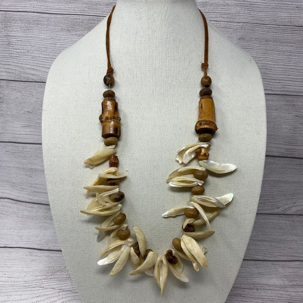 Rare Artisan Beaded Necklace ~  Mother of Pearl, Shark Teeth & Wood